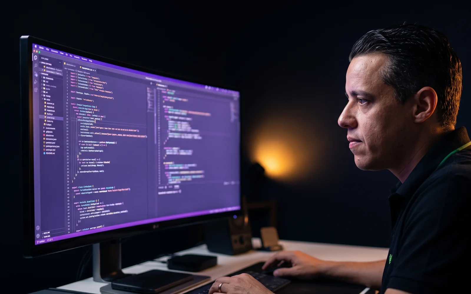 Pedro Jimenez writing code at his desk on an ultrawide monitor